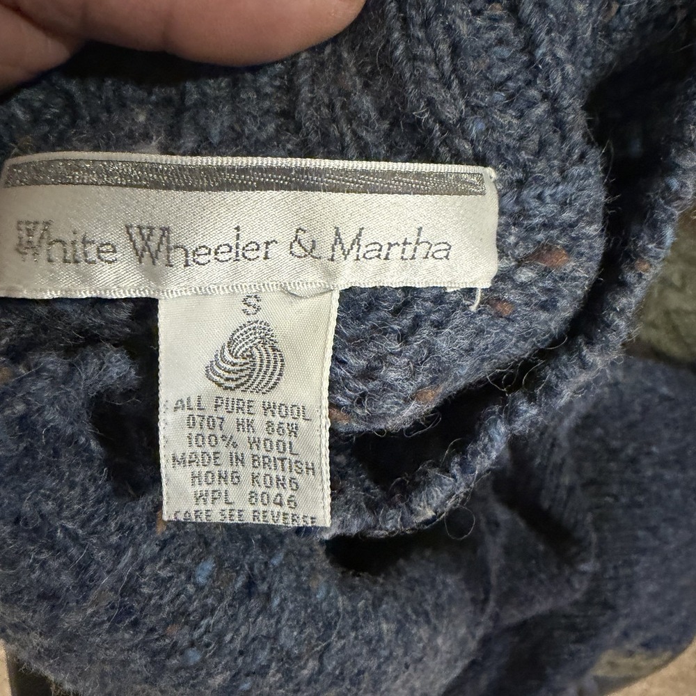 Vintage 80s White Wheeler & Martha Blue Wool Chunky Sweater Small - Picture 3 of 8
